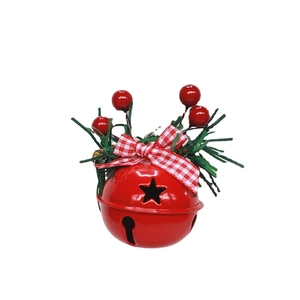 Red Christmas bell with star cutouts, checkered bow, pine needles and red berries