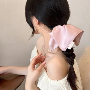 Detailed view of a light pink satin bow hair tie styled on a braided hairstyle