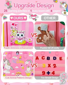 Pink felt busy board featuring 4 pages with 25 educational activities and alphabet puzzles