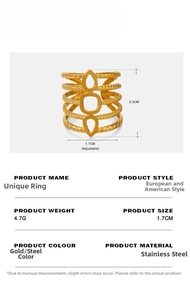 Detail view of 18K gold plated stainless steel ring with 1.7cm width and 2.3cm height