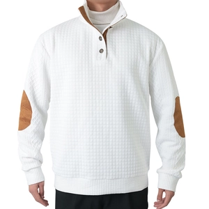 Men's white quilted pullover with quarter-button collar and suede-feel elbow patches