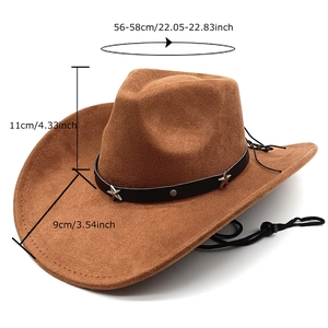 Brown suede cowboy hat with star buckle and adjustable drawstring product dimensions