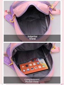 Detail view of pink and purple kids backpack interior showing a tablet compartment