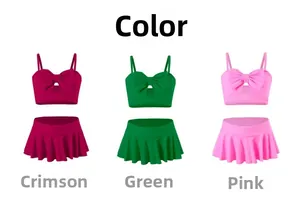 Girl's two-piece swimsuit set with bow top and pleated skirt in red, green and pink