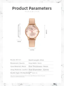 Detailed specifications and dimensions for the Tadi rose gold ladies quartz watch.