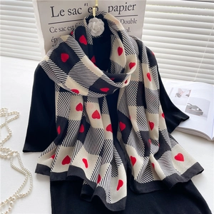 Elegant checkered scarf with red hearts pattern and cotton linen texture in 180x90cm size