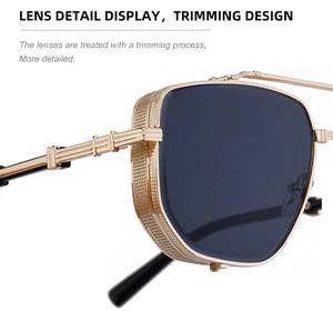 Detailed macro view showing the precise lens trimming and gold mesh texture of punk sunglasses
