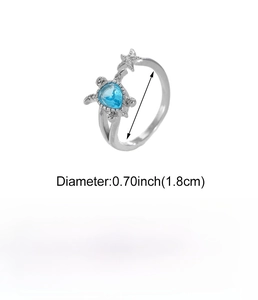 Detailed size and weight specs for silver turtle ring with blue star gemstone