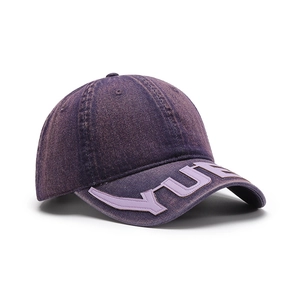 Vintage washed purple denim baseball cap with stitched YUE letters on the brim