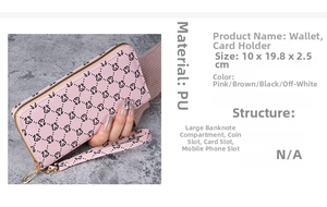 Gros plan du portefeuille long rose avec motif logo et dimensions de 10x19,8x2,5 cm