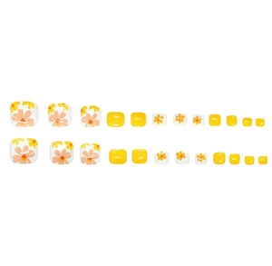 Detail of 24pcs yellow floral press-on toenails featuring white flowers and glossy finish