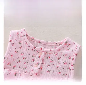 Close-up of pink floral toddler top showing soft double-layer cotton gauze and neckline