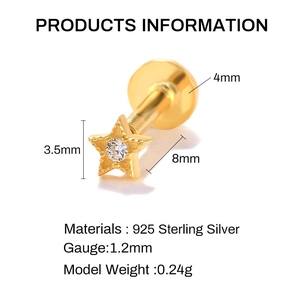 Technical drawing of S925 sterling silver star piercing jewelry with size details