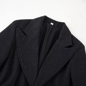 Women's dark gray long wool coat with three buttons and classic notched lapel design