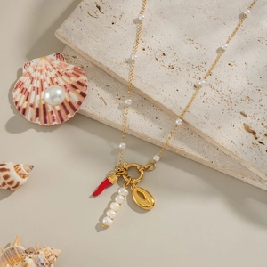 Stainless Steel Artificial Pearl Necklace With Red Chili Pepper And Gold Shell Pendant Beach Vacation Chic Jewelry For Women