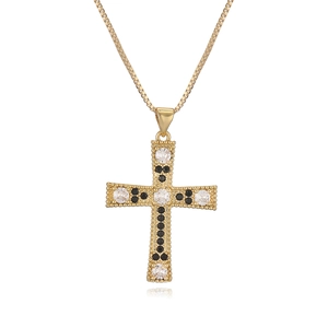 18K gold plated cross necklace with black and white cubic zirconia on box chain