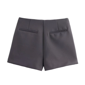 Back view of high waist charcoal grey skort showing pockets and fabric texture