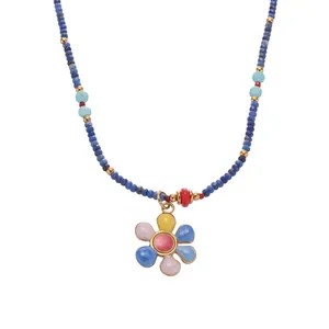 Detailed size parameters of beaded agate necklace with colorful oil drip flower charm