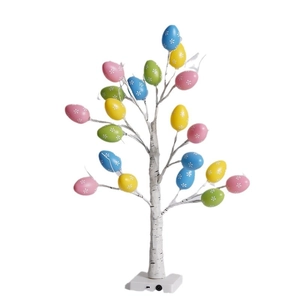 LED Birch tree lamp with colorful Easter egg decorations and white base