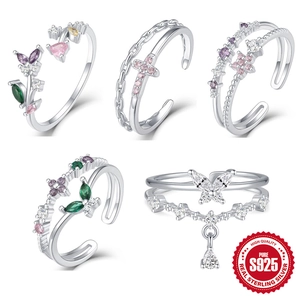 S925 Sterling Silver Adjustable Open Ring For Women Colorful Zirconia Flower Butterfly Cross Double Layer Statement Finger Jewelry