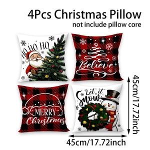 Set of 4 Christmas pillow covers with red and black plaid trees, 45x45cm festive decor