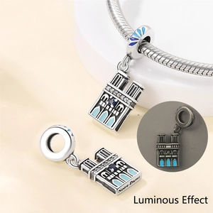 Luminous Notre Dame charm bead in silver finish with blue enamel and glow-in-the-dark effect