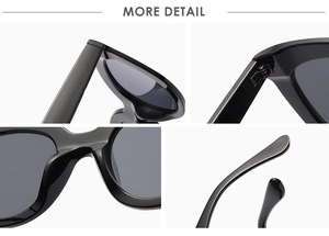 Detail view of round cat eye sunglasses with metal hinges and integrated nose pads