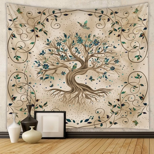 Detailed weave of Tree of Life tapestry with floral patterns in a cozy room setting