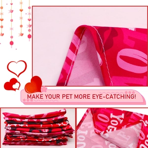 Detail of red Valentine's Day pet bandana with heart patterns and love print stitching
