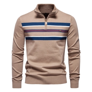 Detail of khaki knit sweater showing half-zip collar and colorful chest stripes
