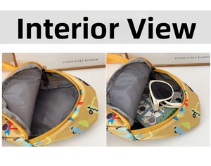 Detail of yellow kids chest bag with construction vehicle print and internal storage