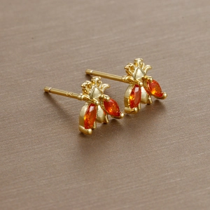 S925 gold plated bee stud earrings with orange marquise cubic zirconia crystals