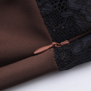 Winter asymmetric brown satin dress featuring intricate black floral lace patchwork detailing