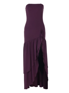 Elegant purple strapless maxi dress with irregular ruffled hem and sleek floor-length cut