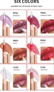 Paleta detallada de seis colores de brillo de labios nacarado con texturas y pruebas