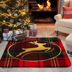 Christmas tartan rug with golden reindeer silhouette on light wood floor home decor