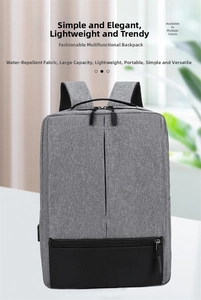 Detailed view of gray mixed fabric backpack with water-resistant matte black bottom panel
