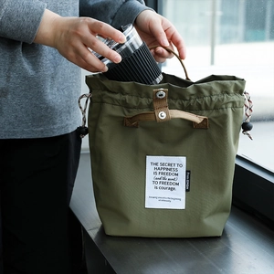 Army green insulated lunch bag with drawstring closure and durable webbing handles