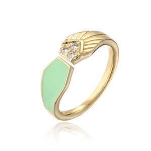 Detail of 18K gold plated open ring with light green enamel and pavé zircon stones