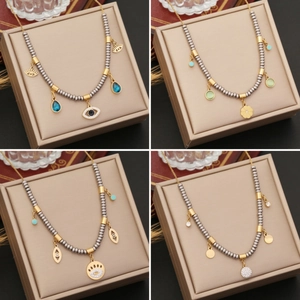 Evil Eye Pendant Necklace Stainless Steel Beads Rhinestone Teardrop Hamsa Flower Clavicle Chain Jewelry For Women