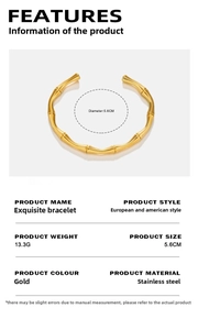 Bracciale a polsino in acciaio inossidabile dorato 18K stile bambù diametro 5,6 cm