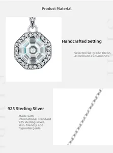 Detail of S925 sterling silver octagonal necklace with sparkling 5A zircon pendant