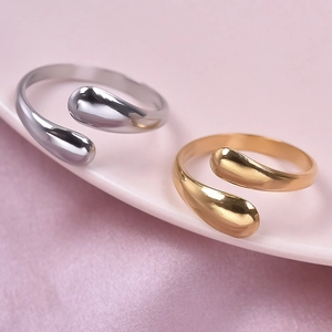 Minimalist adjustable 304 stainless steel teardrop open rings in gold and silver