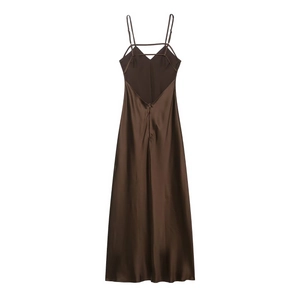 Flat lay back view of a sleek dark brown satin midi dress with delicate spaghetti straps