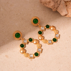 Vintage gold hoop earrings with green resin gems and square rhinestones in French style