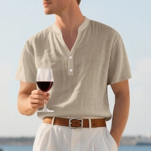 Detail eines hellbeige Leinen-Henley-Hemdes mit Stehkragen und weißen Knöpfen