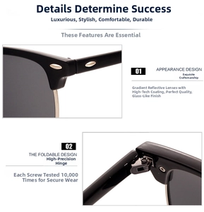 Detailed macro of vintage semi-rimless sunglasses showing precise gold metal hinges