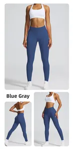 Détail du legging de yoga bleu gris taille haute sans couture avec brassière blanche