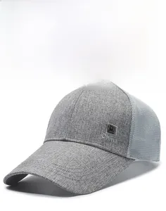 Detail of grey mesh trucker hat with China embroidery and curved brim for sun protection