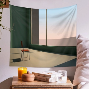 Modern minimalist wall tapestry featuring a red chair in a scenic architectural setting